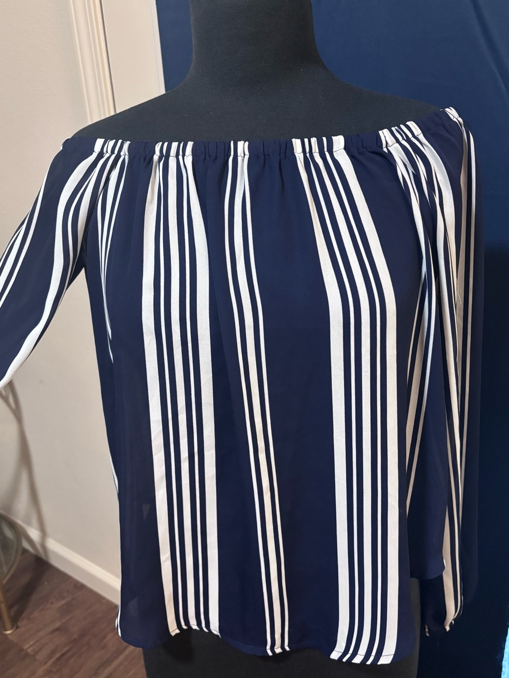 Forever 21 Navy and White Striped Off-Shoulder Blouse